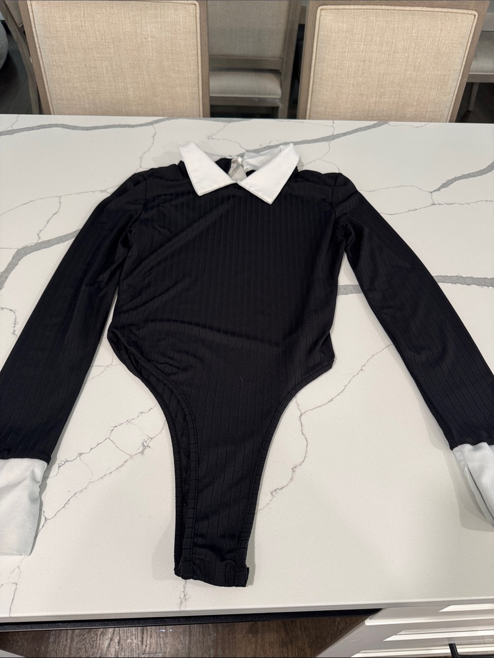 SHEIN Black Ribbed Long-Sleeve One-Piece with White Collar and Cuffs